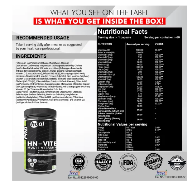 HOAL Nutrition HN-VIT Multivitamin for Men & Women | 24 Essential Vitamins & Minerals with Ashwagandha, Ginseng & Tribulus | Immunity, Energy, Stress & Brain Support | 60 Veg Capsules | 100% RDA