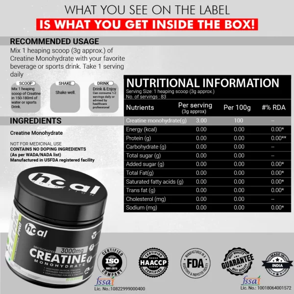 Hoal Nutrition Creatine Monohydrate | 250g Unflavoured | 100% Pure Micronized Creatine Powder | Muscle Gain, Strength & Endurance Supplement | Fast Absorbing | No Fillers | Lab-Tested