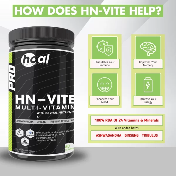 HOAL Nutrition HN-VIT Multivitamin for Men & Women | 24 Essential Vitamins & Minerals with Ashwagandha, Ginseng & Tribulus | Immunity, Energy, Stress & Brain Support | 60 Veg Capsules | 100% RDA