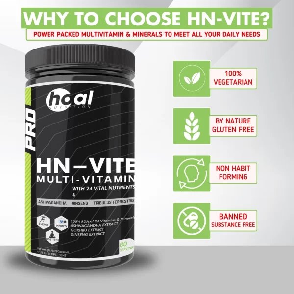 HOAL Nutrition HN-VIT Multivitamin for Men & Women | 24 Essential Vitamins & Minerals with Ashwagandha, Ginseng & Tribulus | Immunity, Energy, Stress & Brain Support | 60 Veg Capsules | 100% RDA
