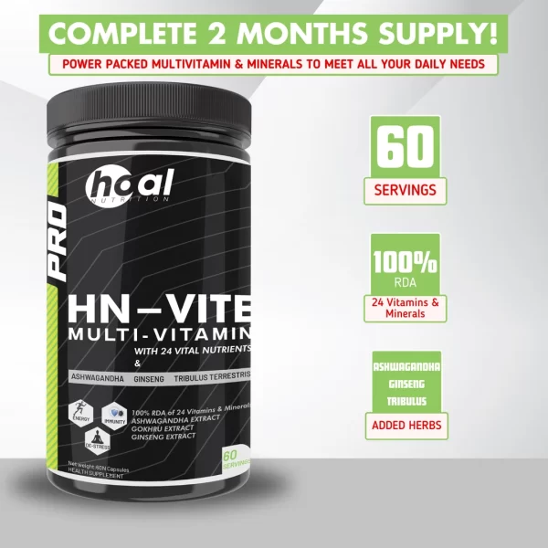 HOAL Nutrition HN-VIT Multivitamin for Men & Women | 24 Essential Vitamins & Minerals with Ashwagandha, Ginseng & Tribulus | Immunity, Energy, Stress & Brain Support | 60 Veg Capsules | 100% RDA
