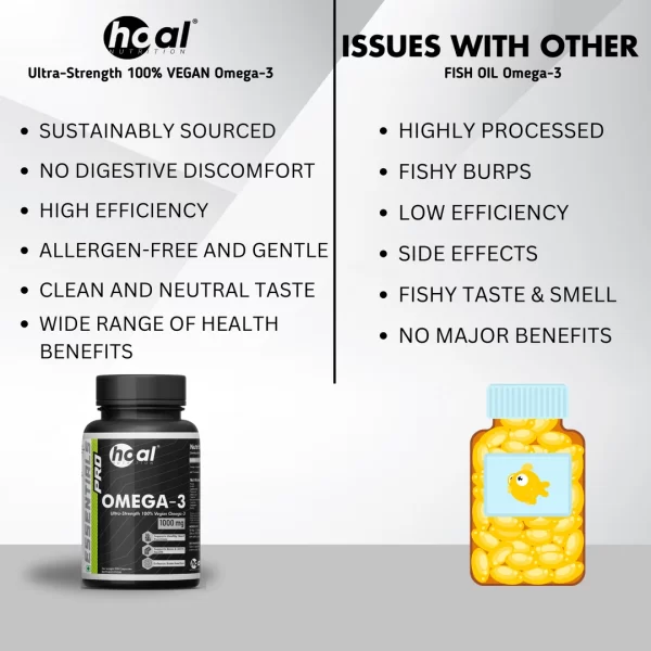 Comparison of HOAL NUTRITION Vegan Omega-3 vs fish oil – clean, allergen-free, no fishy taste, sustainably sourced