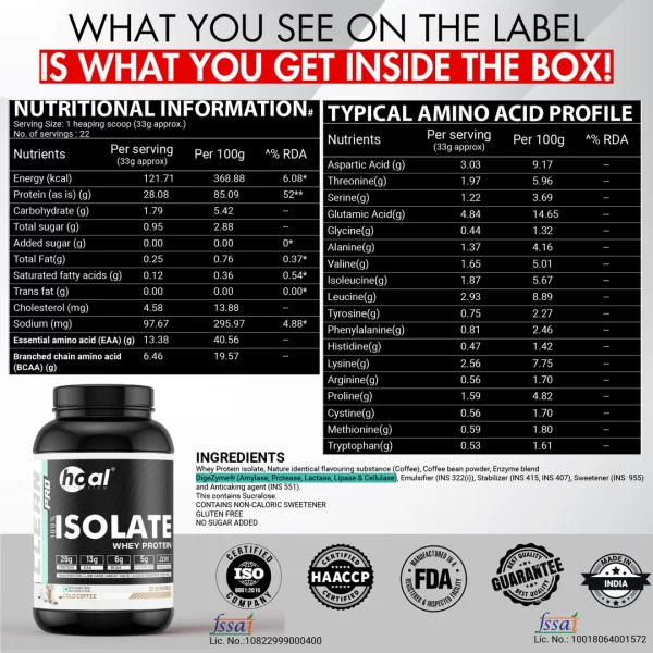 Nutritional Facts of HOAL Whey Isolate Protein – 28g Protein Per Serving with EAAs, BCAAs, Glutamic Acid and Zero Sugar