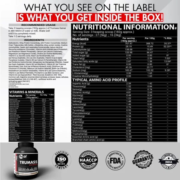 HOAL Nutrition TRUMASS GAINER | 707 kcal, 28g Protein, Creatine, No Sugar | DigeZyme® Digestive Enzymes
